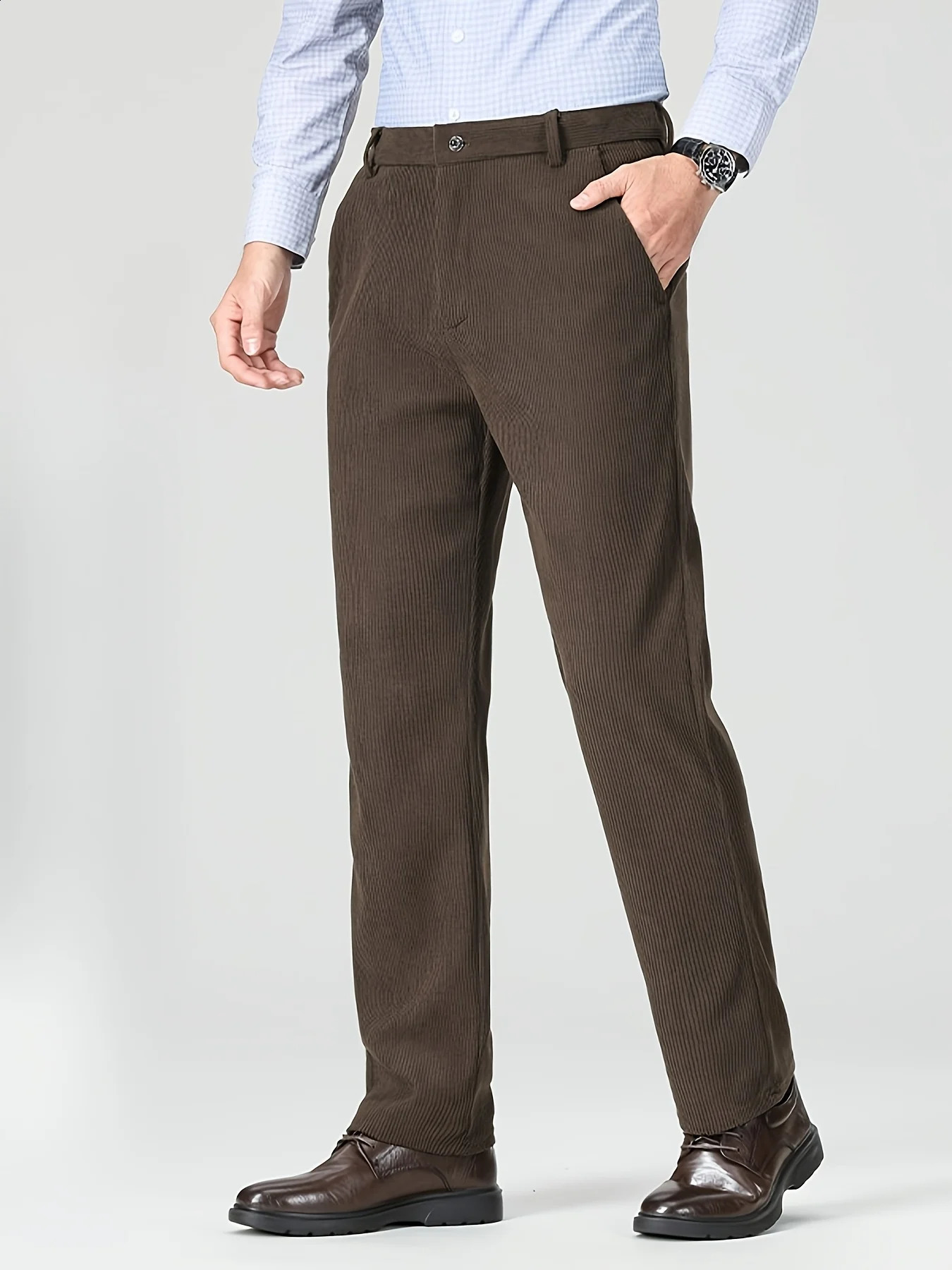 Men's Premium Corduroy Business Pants Soft Cotton Office Trousers High Waist Straight Leg Comfortable Corduroy Casual Trousers 260917