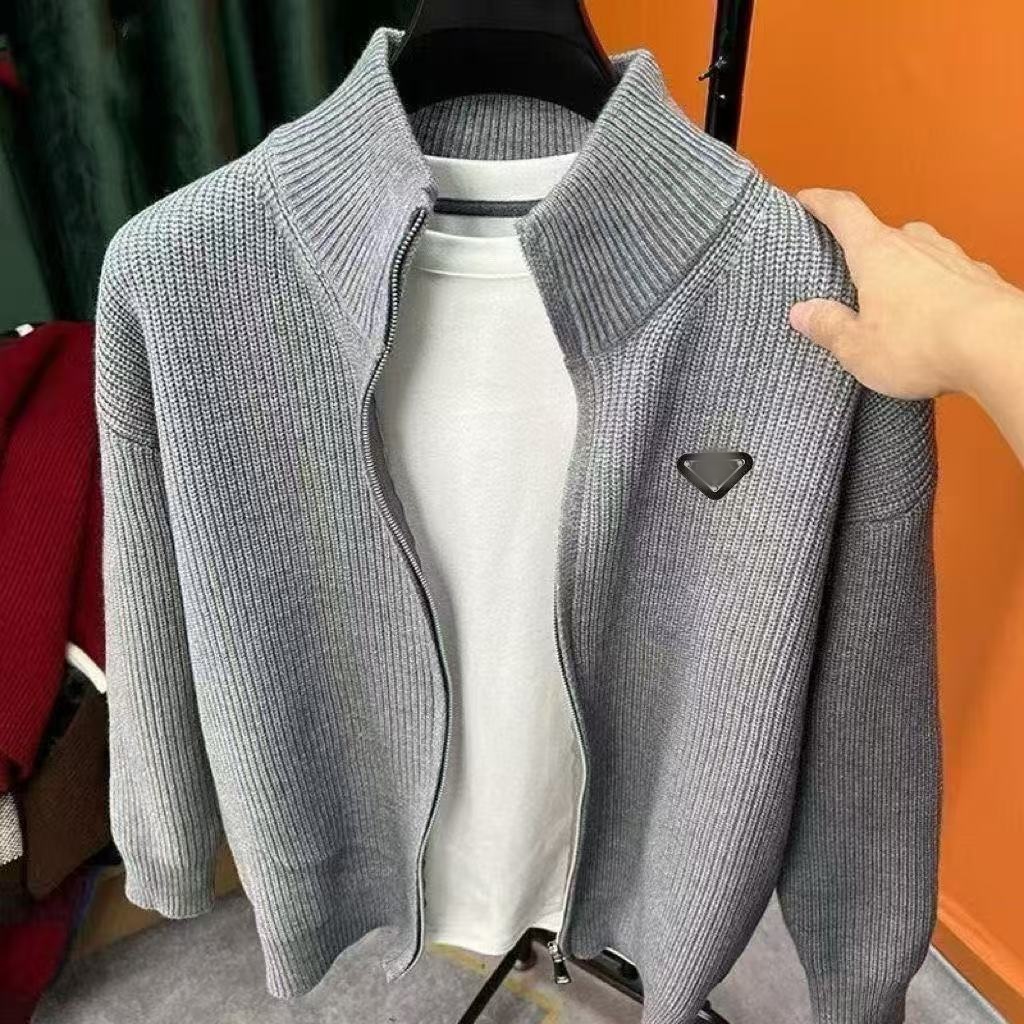 5A Designer fashion Sweaters light luxury men's new zipper casual stand up collar triangle knit sweater slim fit trendy cardigan sweater jacket