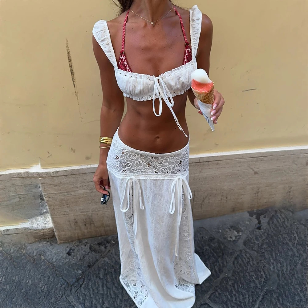 Women Boho Vintage 2 Piece Cover Up Set Summer Vacation Tie-up Cami Tops and Lace Patchwork Low Rise Long Skirt for Beach Party 260917