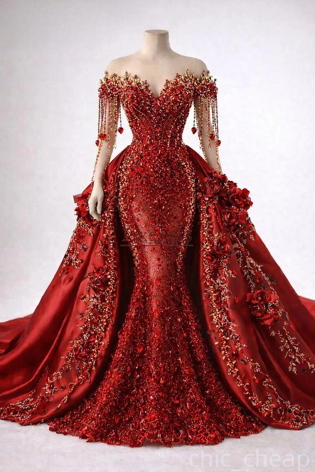 Luxury Red Mermaid Prom Dress Rhinestones Beaded Detachable Train 3D Floral Satin Evening Birthday Party Formal Reception Gowns Formal Occasion Robe