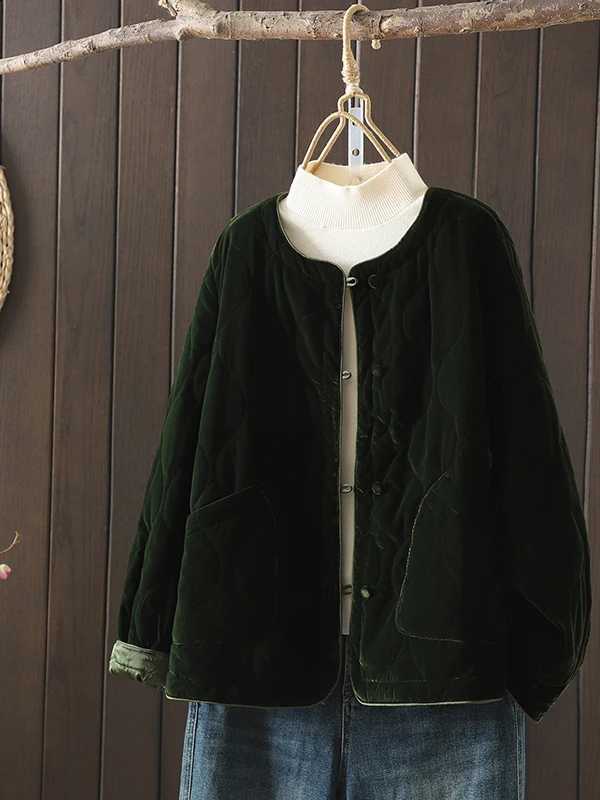 Elegant New Chinese Style Cotton Jacket Women's Loose Large Size Slimming Casual Warm round Neck Button up Coat for Autumn Wi... H260917