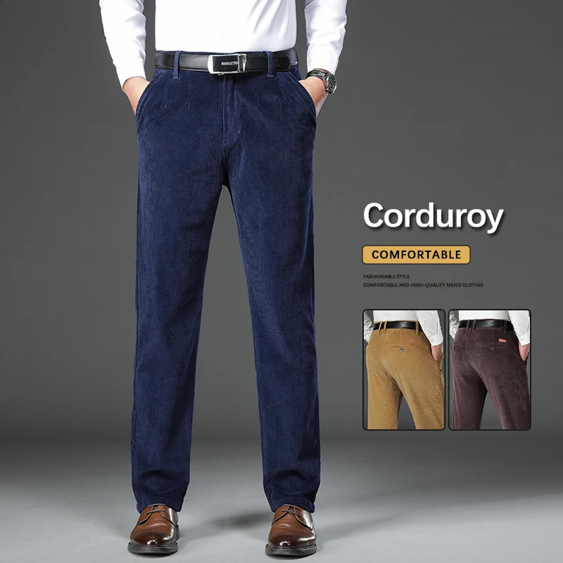 97% Cotton Men's Corduroy Trousers Autumn Thick Slim Straight Business Office Elastic Casual Pants Male Clothes 260917
