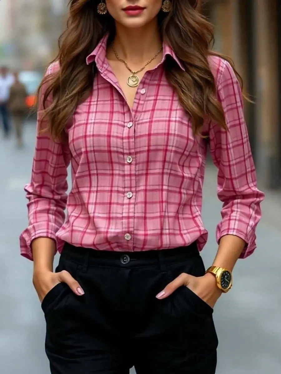 Women's Plaid Print Button Blouse Collar Long Sleeve Casual Tops Daily Stylish Multi-color Outfits for Spring Summer 260917