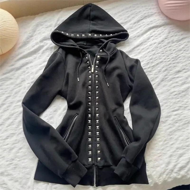 Y2K Emo Fashion Rivet Zipper Hoodie Women Harajuku Black Oversized Hoodie Gothic Retro Classic Sweatshirt Winter Clothing 260917ww