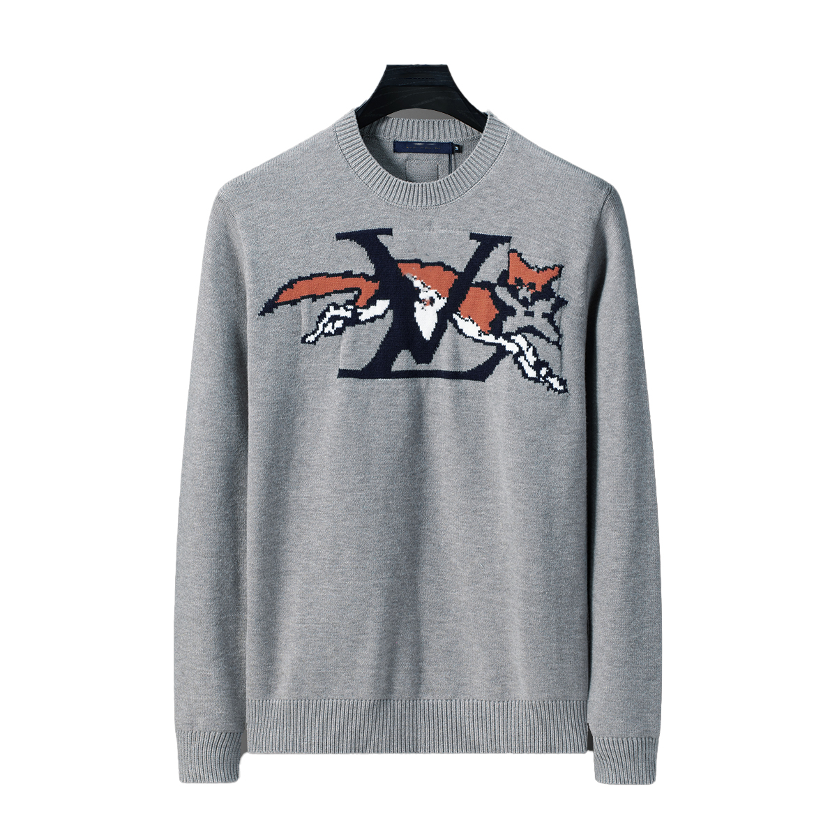 Men's Luxury Fox Embroidered Crewneck Sweater Casual Cotton Blend Knit Pullover Autumn Winter Fashion Streetwear Top for Daily Wear Party