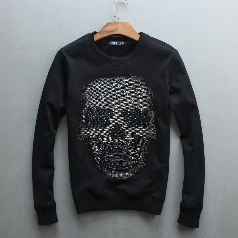 European-Style Men's Autumn Winter Sweatshirt With Rhinestone Skull Design, Fleece-Lined, Round Neck, No Hood, Suitable For Young And Middle-Ag