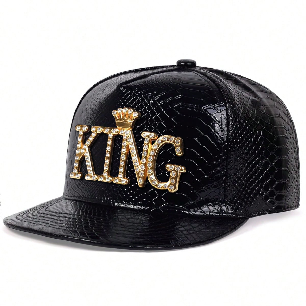 European And American KING Crown Metal-Decorated PU Leather Baseball Cap With Diamond Embellishments, Flat Brim, New Style, Unisex Luxury Cap Brand