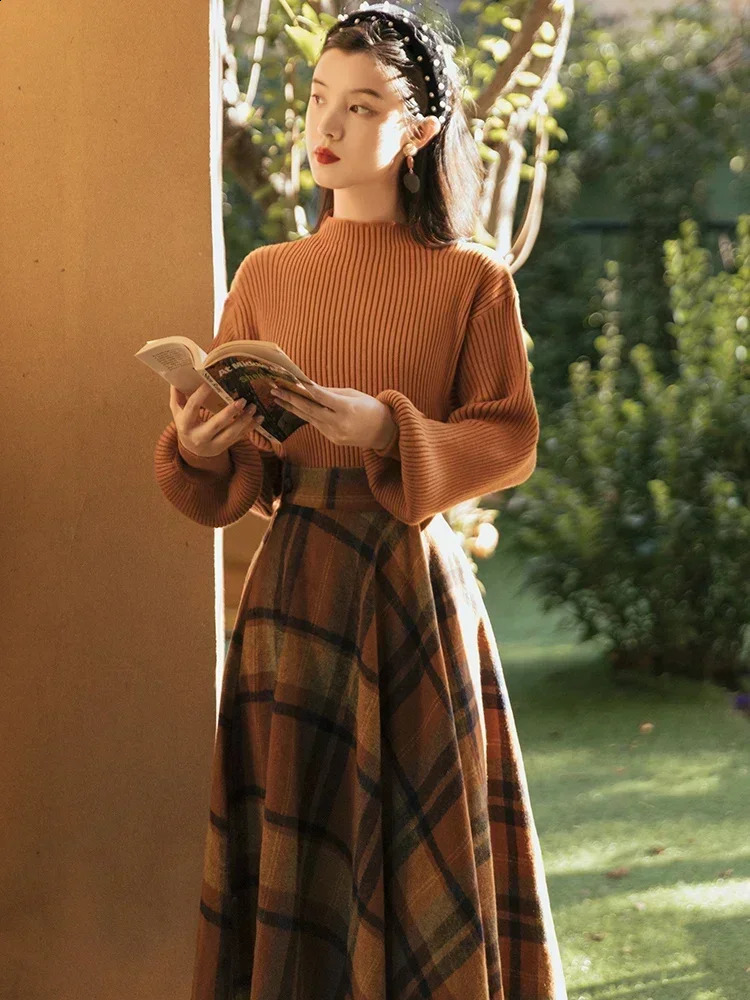 England Style Autumn Winter Women Outfit Lantern Sleeve Knitting Sweater PulloverWoolen Plaid Midi Skirt Vintage Elegant Set 260917