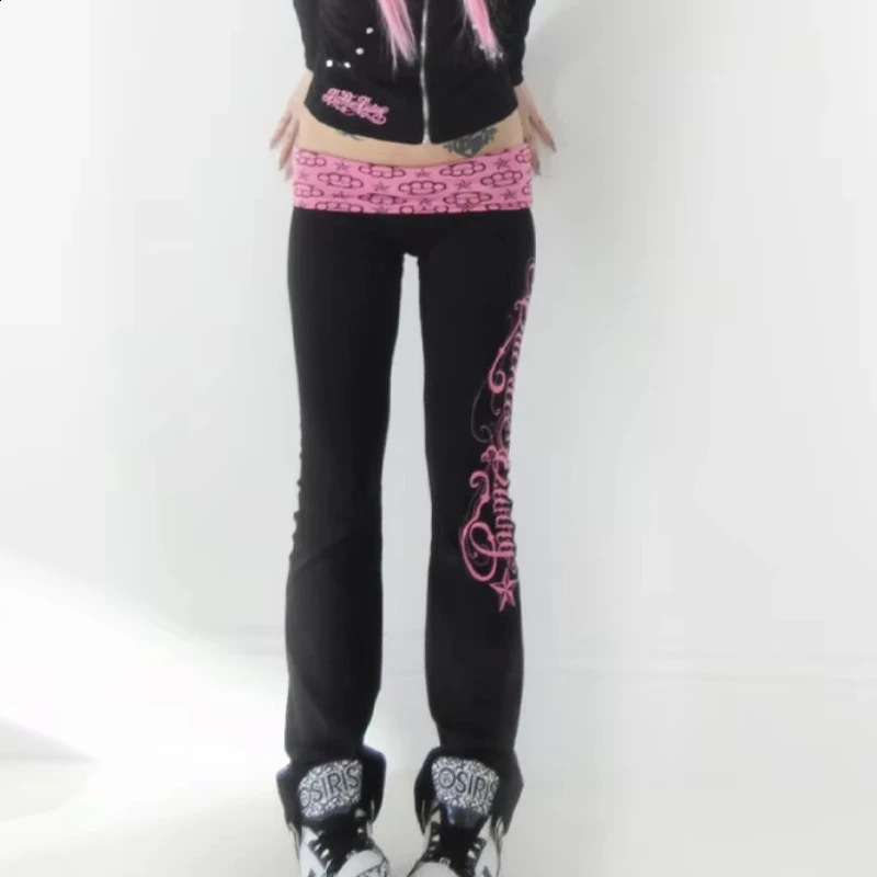 Dark Punk Gothic Street Fashion Y2K Black And Pink Contrast Casual Pants Retro Letter Printing Decorative Slim Side 260917
