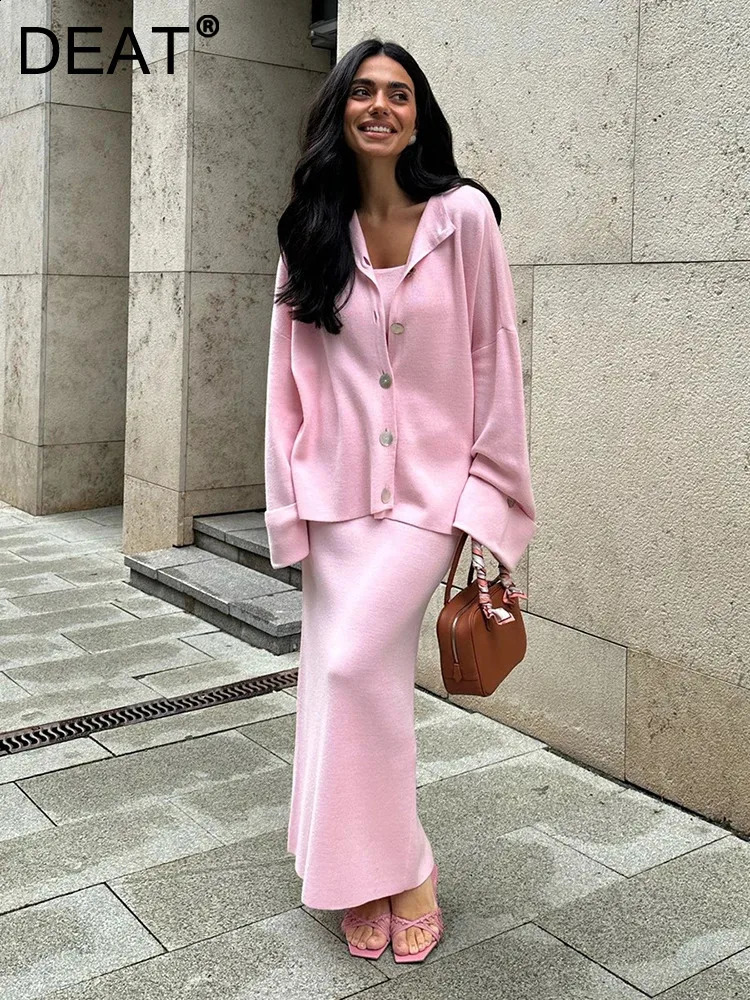 DEAT Fashion Pink 3 Piece Set Women's Knitted Cardigan Tank Top High Wiast A-line Skirt Suit Autumn 7A1024 260917