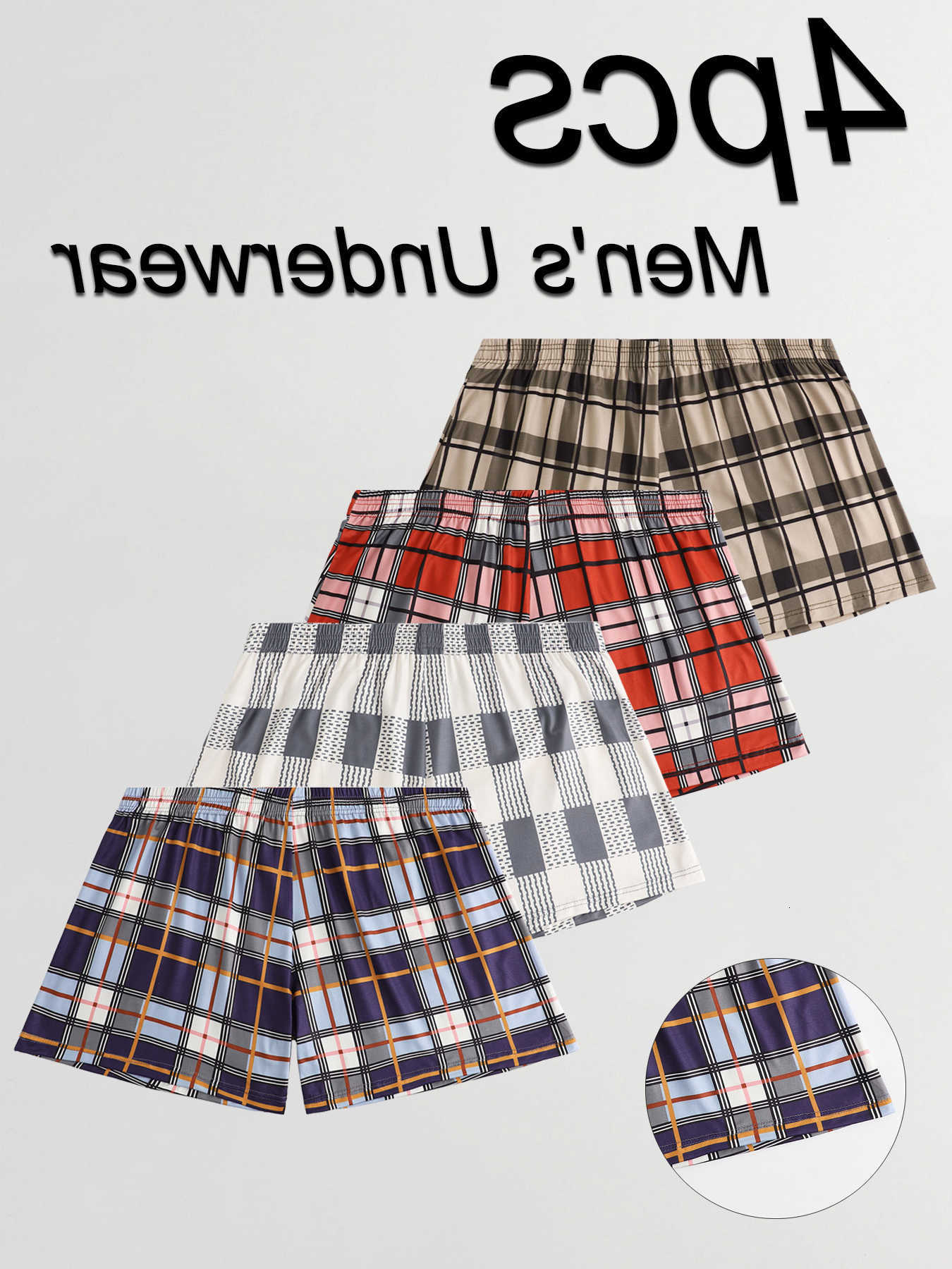 4-Piece Set Of Men's Underpants Casual Loose Boxer Shorts Comfortable And Breathable Checkered Printed Underwear Men's Lntimate Underwear
