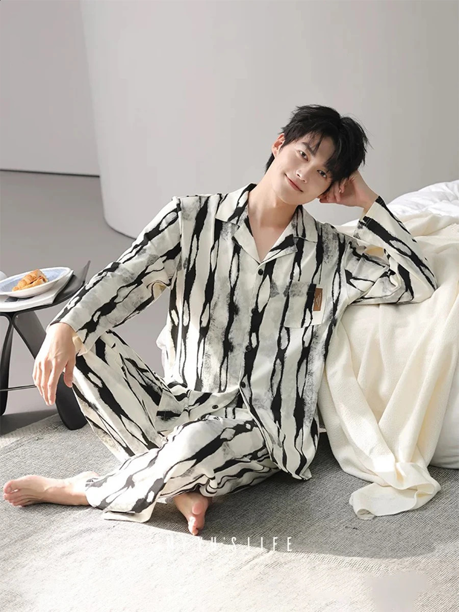 Pajamas for Men Spring Autumn and Winter Long-Sleeved Simple Loose Home Clothes Set That Can Be Worn Outside for Men 260917
