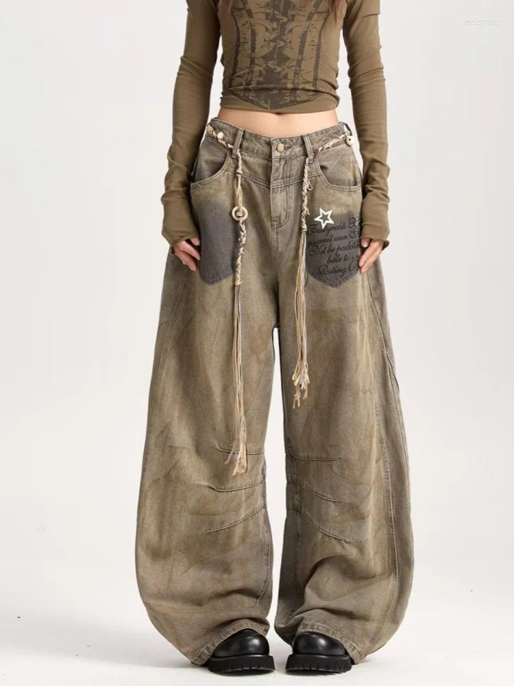 American Retro Y2K Style Distressed Khaki Baggy Pleated Women's Jeans Pants Woman Clothing Wide Leg Cotton Long Trousers