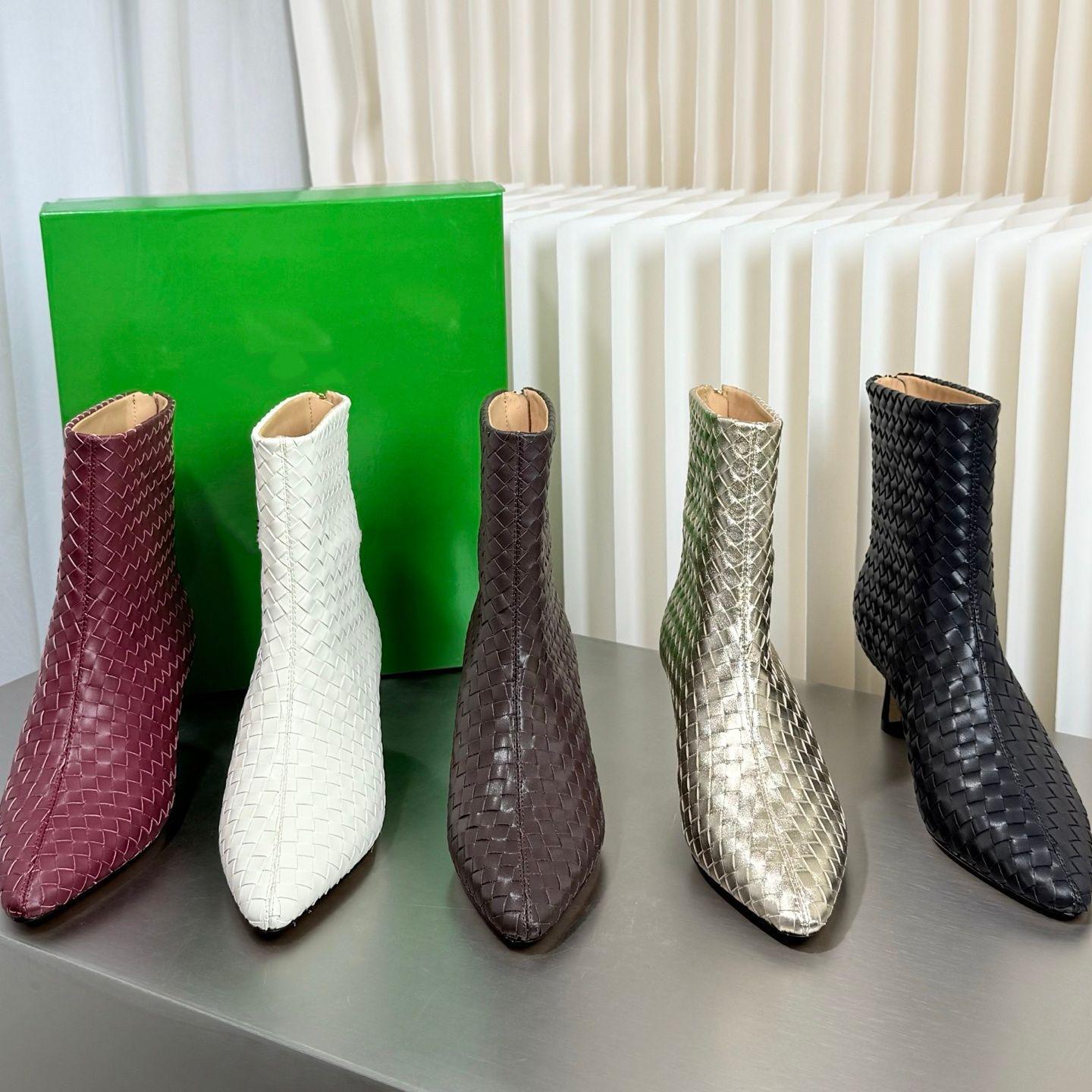 Woman Designer boot Point toe weave Leather stiletto Kitten heel booties Luxury Knight ankle Boot Mirror quality work comfort Outdoor sport Formal w
