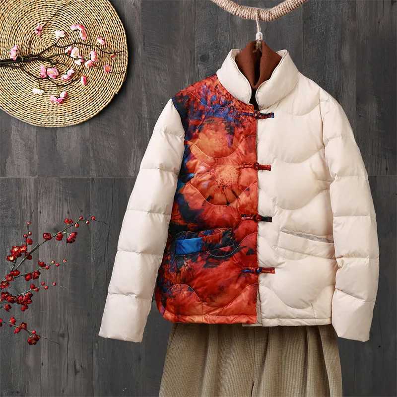Chinese Style Retro Down Jacket Autumn Winter Women Warm Light Thin White Duck Down Coat Ladies Short Bigsize Frog Print Parkas H260917