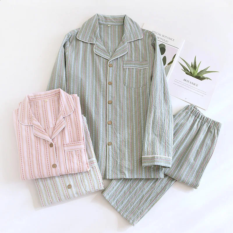 2026 Spring/Summer Couple Set 100% Cotton Striped Long Sleeve Two Piece Set Men's And Women's Cardigan Home Clothes 260917