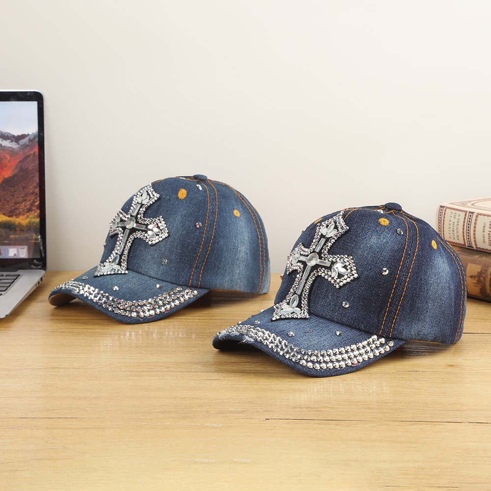 New Diamond-Studded, Sparkling Cross-Design Baseball For Women, Korean Style, Denim Fabric, Outdoor Sun Hat, Rhinestone Cap, Duckbill Cap Luxury Cap