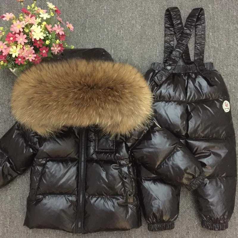 Russian Winter Down Suit Super Warm Children Winter Suits Boys Girl Duck Down Jacket+overalls 2 Pcs Clothing Set Kids Snow WearQ260917