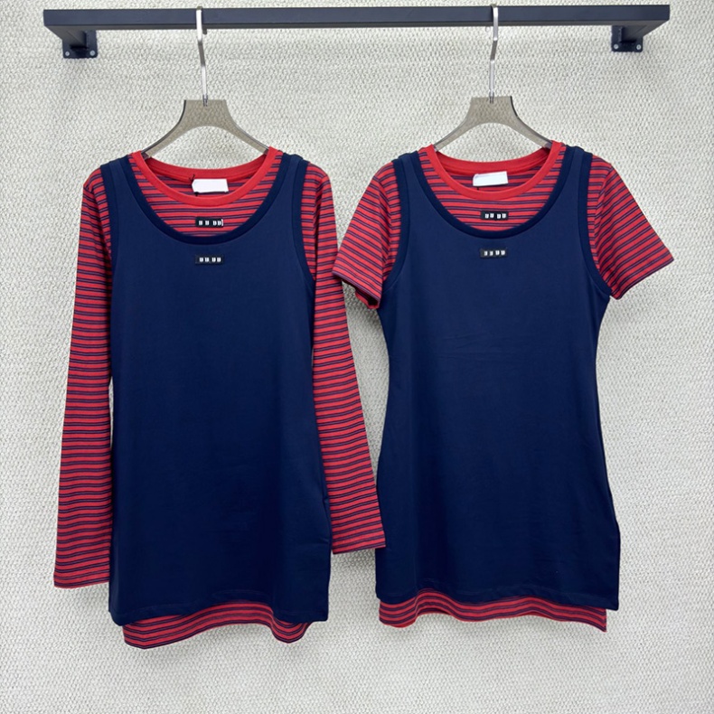 Chic Women Y2K Tee Vest Set Loose Fit Striped Shirt Navy Sleeveless Tank Spring Summer Casual Street Outing Top Set