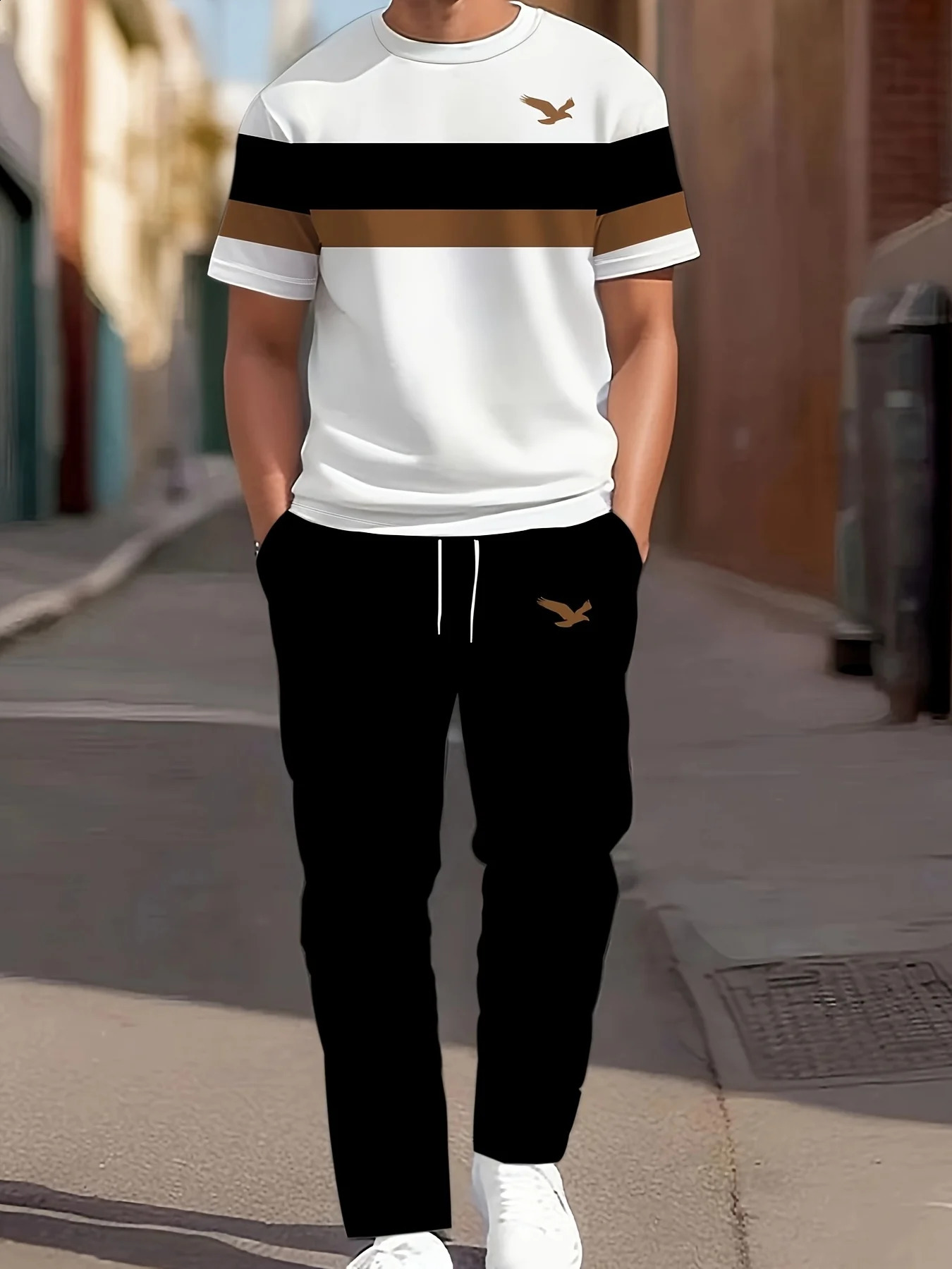 The men's set for summer featuring 3D striped prints is a casual and fashionable outdoor sportswear 260917