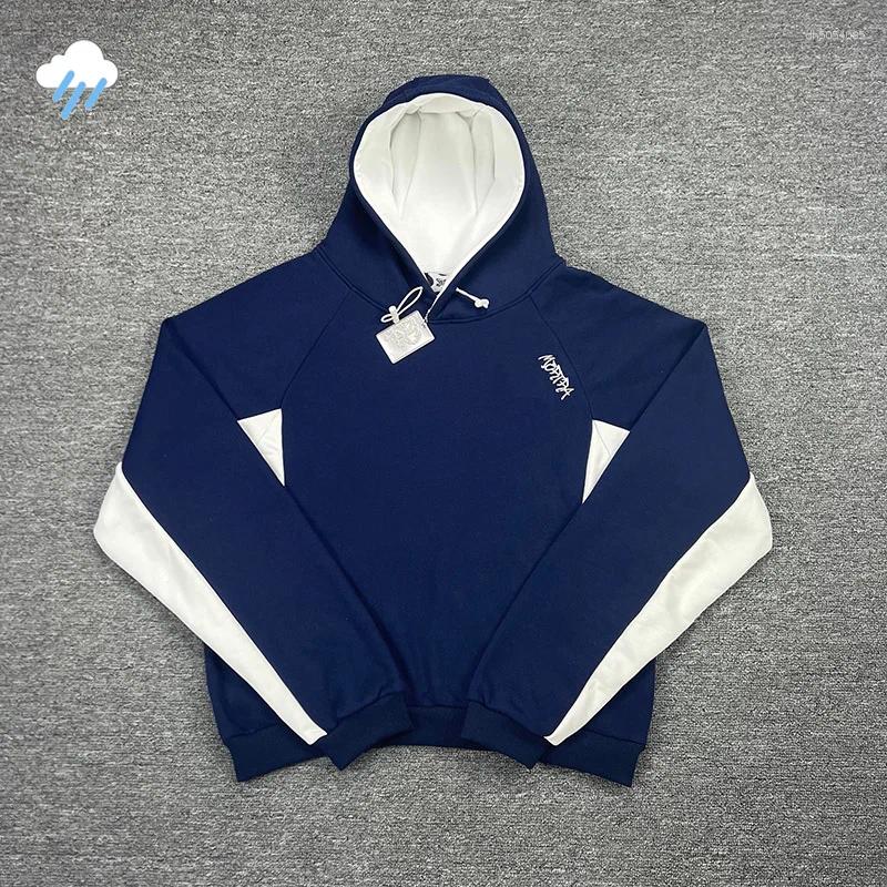 Color Blocking Patchwork Pullover Men Women Couple Embroidery Hoodie Hooded Top Quality Cotton Dark Blue