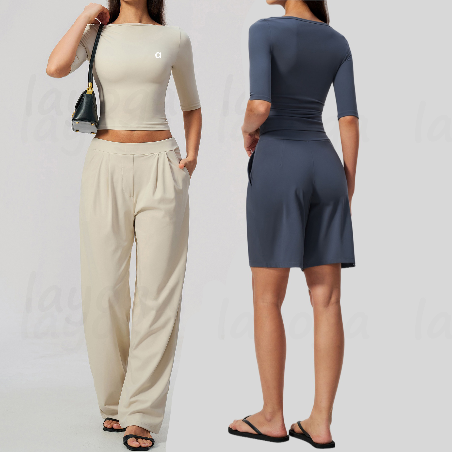High Quality New Women Yoga Outfit Mid Sleeve Slim Fit Boat Neck Fitness High Elastic Waist Cinching Running Sportswear Shorts Breathable Quick Dry