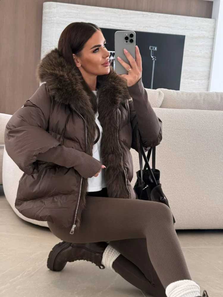 Fur Patchwork Cotton Coats Women Hooded Stand Collar Zippers Oversize Thicken Solid Jackets 2025 Winter Chic Warm Outerwear Lady H260917