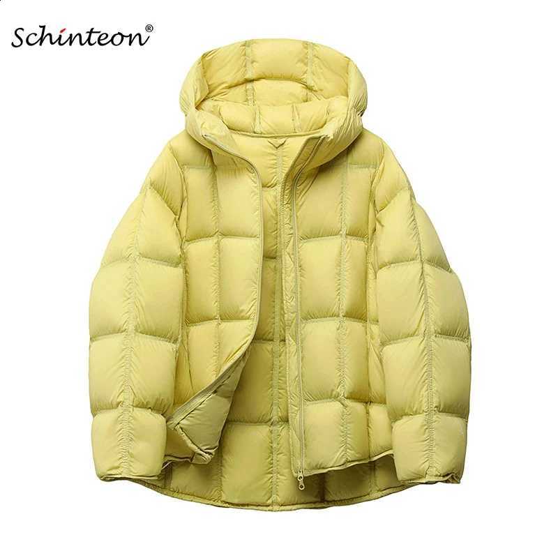 Schinteon Women Light White Down Jacket with Hood Loose Over Size Casual Autumn Winter Outwear Square Warm Short Coat 2026 New H260917