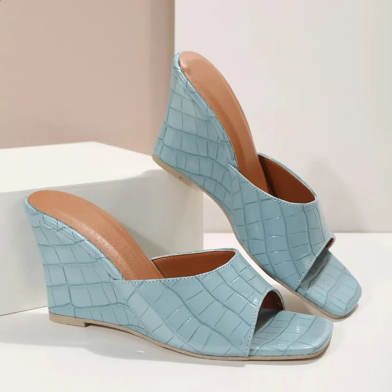 Snake Print Leather Wedges Shoes For Women Mules Slippers Summer Square Toe High Heels Gladiator Sandals Slides 260917