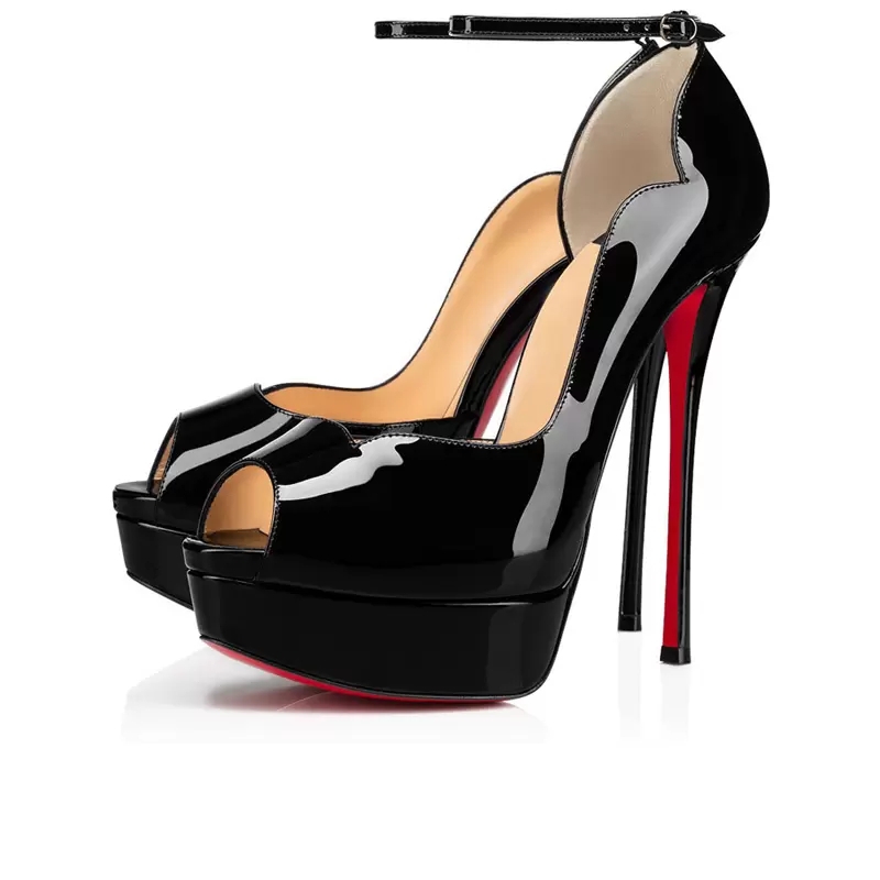 Fashion Women Red Bottoms Pumps Sandals Round Chick Alta 150mm High Heels Summer Lady Platform Fish Mouth Ankle Straps Patent Leather Wedding Party