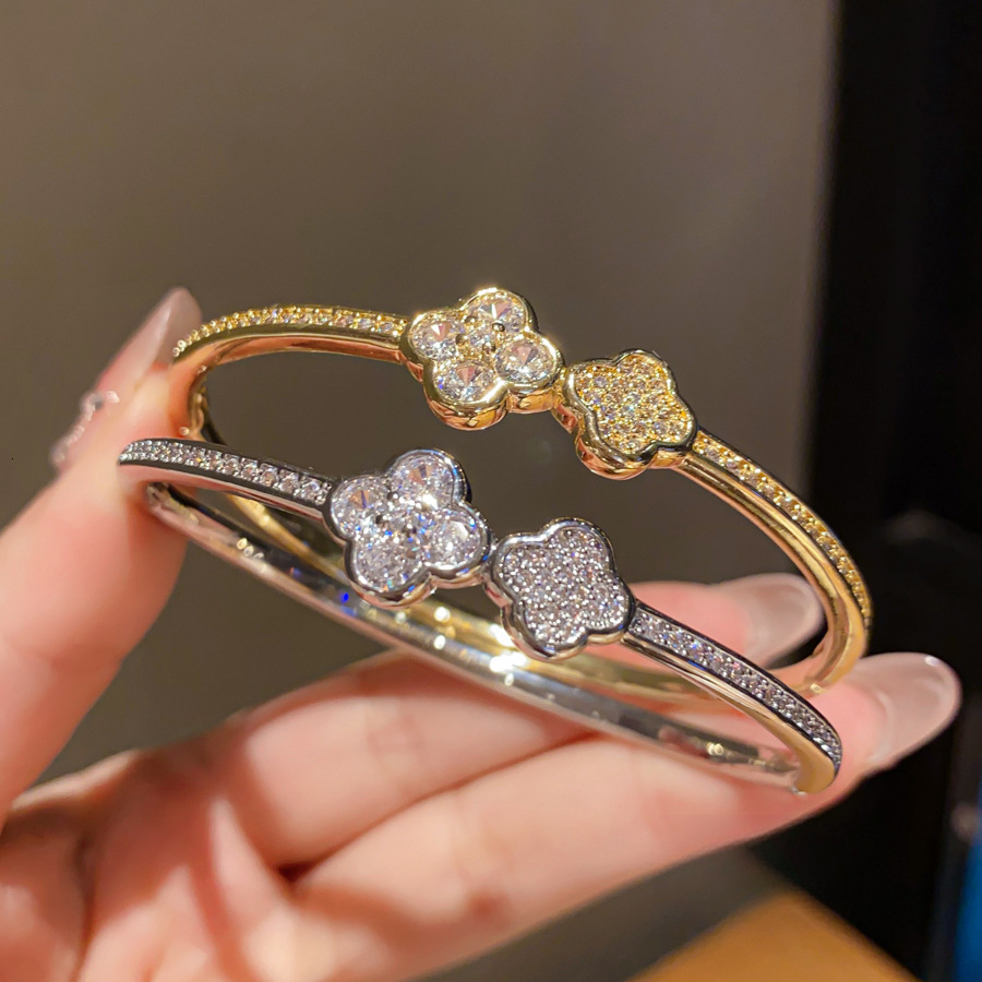 18K Real Gold Plated Zircon Flower Bracelet Ins Retro Daily Versatile Fashion High-End Jewelry