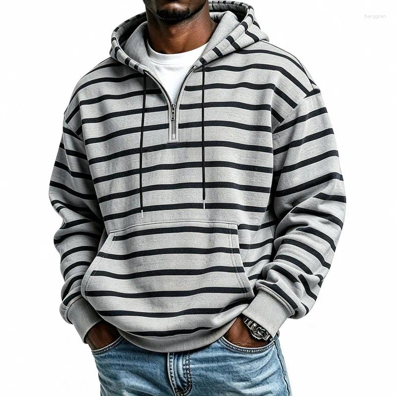 Men Fleece Heavyweight Hoodie Autumn Winter Trend Striped Hooded Hoodies Male Pull On Sweatshirts Casual Streetwear Tops