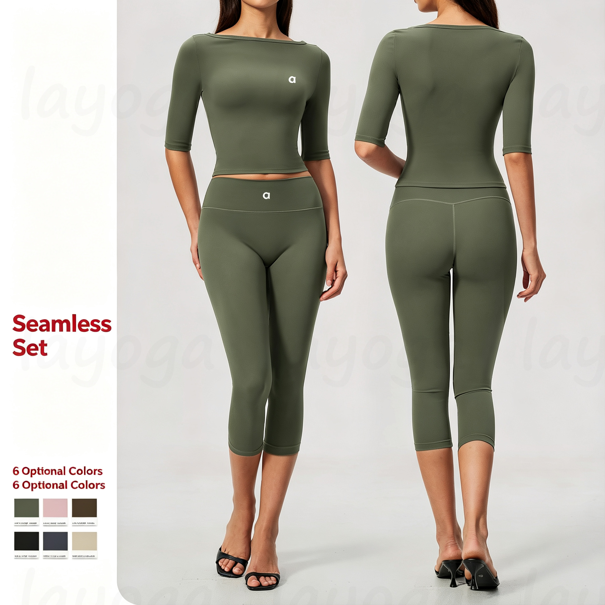 2026 New Women Yoga Outfit Set Boat Neck Slim Fit Elbow Sleeve High Elastic Waist Cinching Top High Waist Tight Capri Leggings Outdoor Fitness Activ