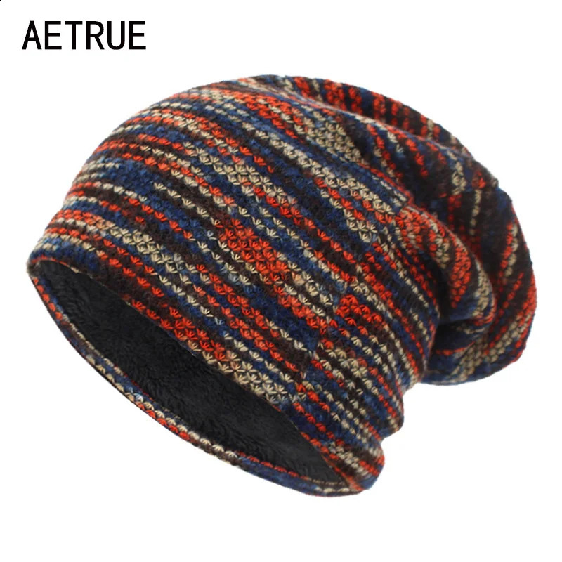 AETRUE Knitted Hat Women Skullies Beanies Winter Hats For Men Bonnet Striped Caps Warm Baggy Soft Female Wool Male Beanie Hat 260917