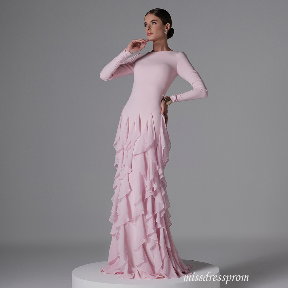 Modest Pink Evening Dress Boat Neck Long Sleeves Women's Formal Occasion Party Gowns Ruffles Mermaid Celebrity Runway Dresses 918