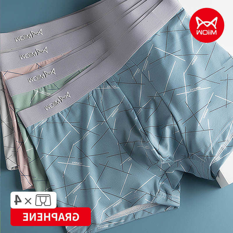 MiiOW 4Pcs Graphene Antibacterial Underpants Men Underpants Comfortable Ice Silk Man Underwear Men Boxers Print Breathable Men's Panties D26091