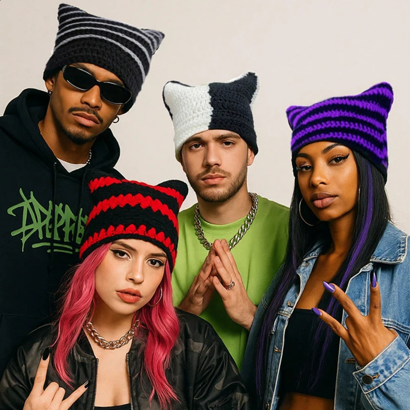 1pc Unisex Hand Knitted Cute Striped Cat Ear Beanie Hat Autumn Winter Warm Ear Protective Striped Street Hip-Hop Couple Headwear 260917