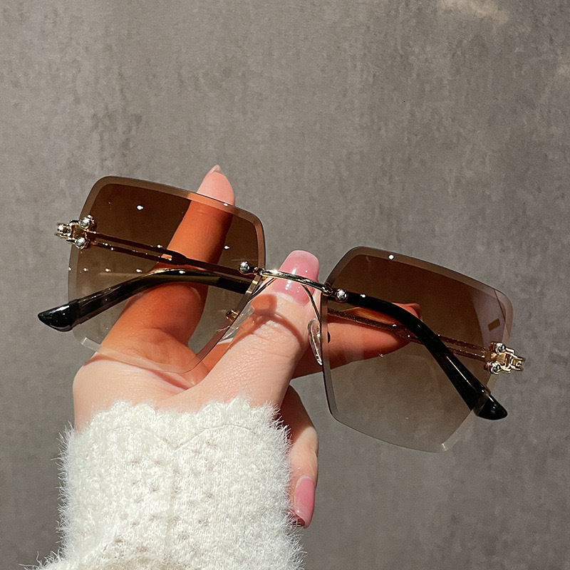 Frameless Bevel-Cut Large Frame Fashion Sunglasses For Women, Gradient Color Square Men, European And American High Street Elite Sunglasse Men Sungl
