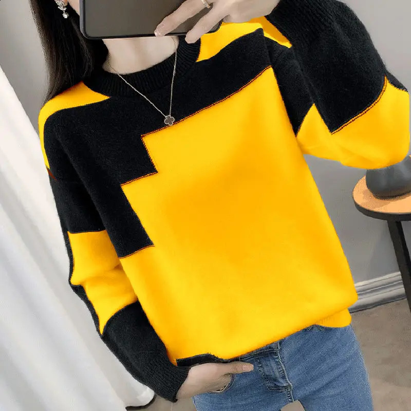 Fashion O-Neck Spliced Loose Korean Sweaters Female Clothing Autumn Winter Oversized All-match Pullovers Casual Tops 260917