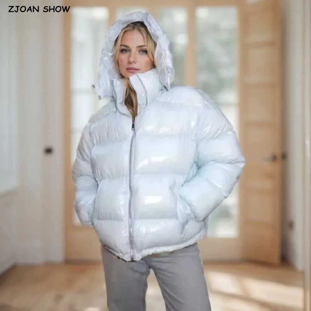 New Winter Fashion Women Bright Light Blue Zipper Up Bread Parka Coat Woman Stand Collar Removable Hooded Long Sleeve Outerwear H260917