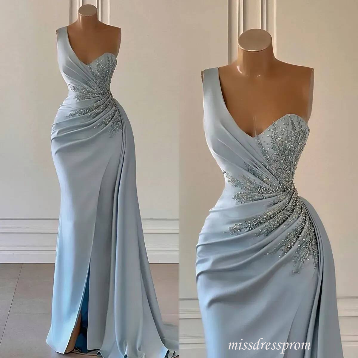Stunning sky blue Mermaid evening elegant pleats beads waist promdress Long dresses for special occasions split sweep train robe de soiree