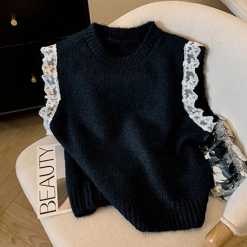 Lace Patchwork Sweater Vest Women Sleeveless O Neck Japanese Sweet Knit Pullovers Fashion Loose Casual Spring Fall Jumpers 260916