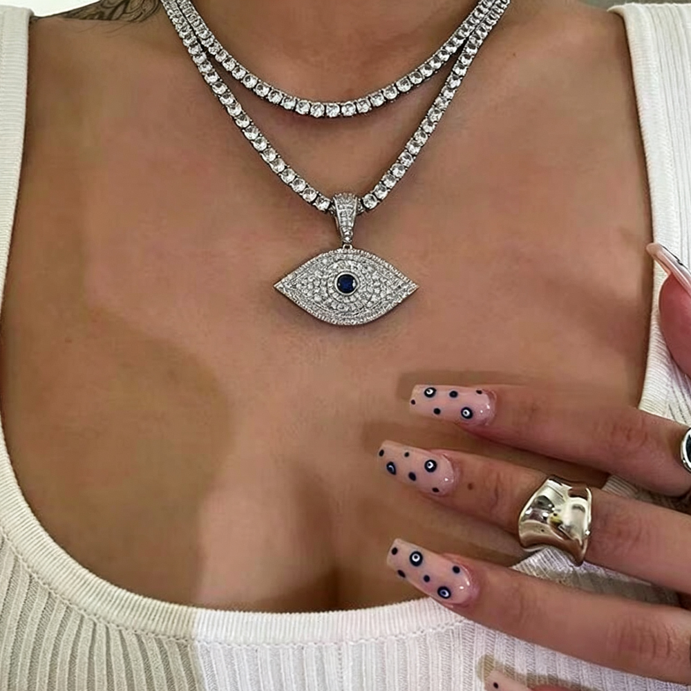 Iced Out Lucky Blue Eye Pendant Necklace With 5mm CZ Tennis Chain Gold Silver Color Zircon Eye Choker Women Hip Hop Rock Jewelry