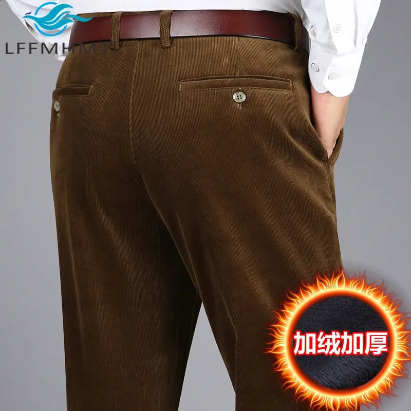 7712 Winter Corduroy Thick Warm Casual Pants for Men Middle-aged Men Vintage Trouser High Waist Loose Straight Solid Color Pants 260917