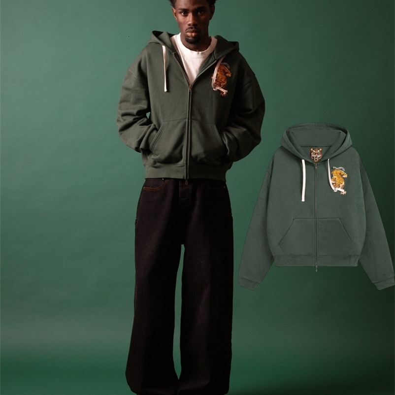 Mens Hip Hop Style Dark Green Tiger Pattern Embroidered Zip Up Hoodie Oversized Long Sleeve Ribbed Cuff Casual Hooded Daily Wear 260903