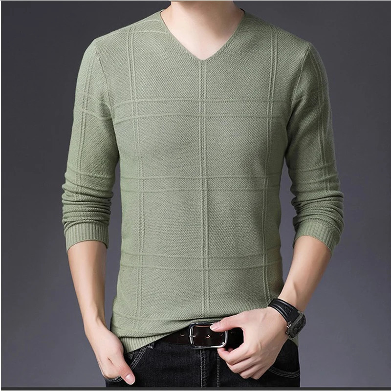 BROWON 2026 Mens Clothes Spring Autumn Solid Color Casual VNeck Sweaters Korean Fashion Slim Fit LongSleeved Sweater Men 260918