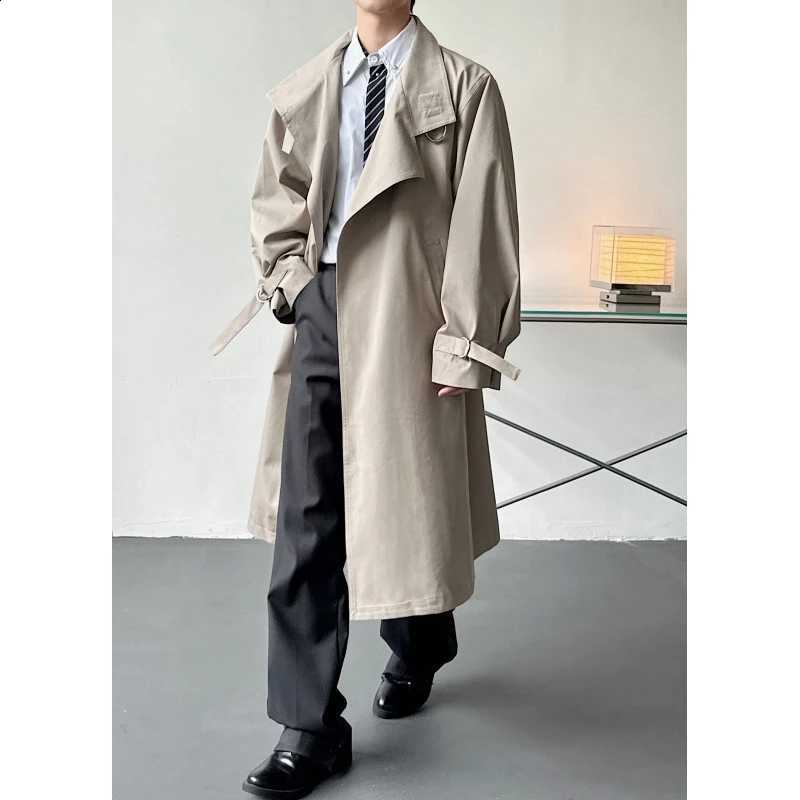 Big IEFB Gray Khaki Men Lapel Long Trench Coat Cuff Strap Design Oversized Loose OpenFront Windbreaker Outerwear 9X4367 D2609021