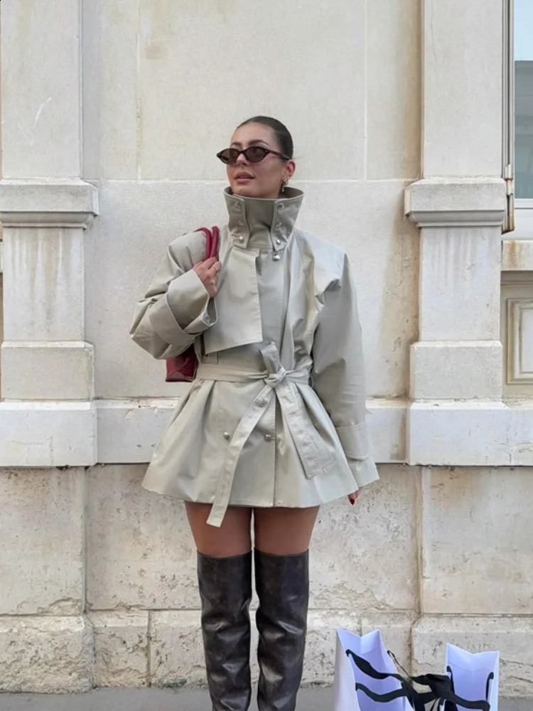 Fashion Solid Stand Collar Trench Coats Women Elegant Long Sleeve Doublebreasted Belt Jacket 2026 Autumn Lady Commuting Outwear 260918