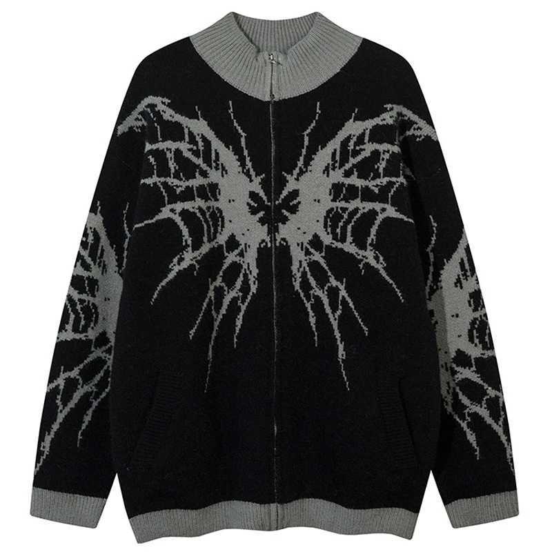 Vintage Sweater Coat Y2K Knitted Butterfly Cozy Jumpers Coat Streetwear Hip Hop Punk Gothic Double Full Zip Up Oversize Sweaters S260918FCHK