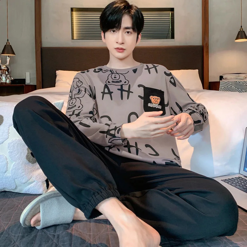 Men Plus Size Pajamas Long-Sleeved Trousers Grey Letters Cartoon Bear Student Pajamas Pullover Two Easy to Clean Homewear 260917